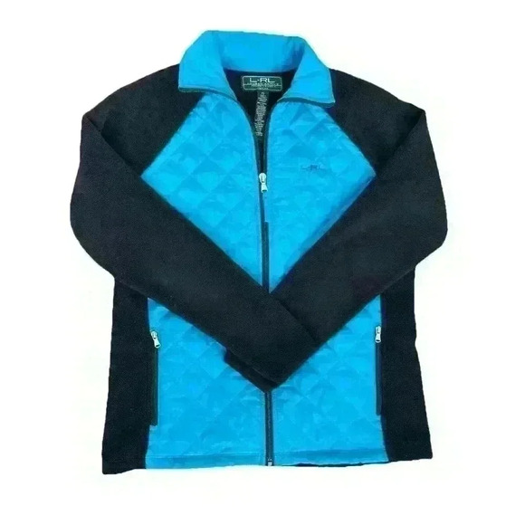 LRL Ralph Lauren Womens Petite S Blue Quilted & Black Polar Fleece Zip Up Jacket - Picture 4 of 9